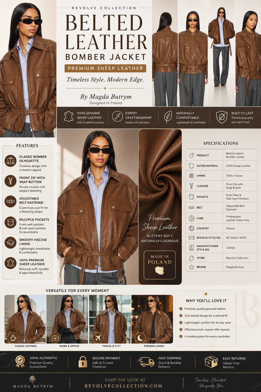 Luxury belted women's bomber jacket crafted from premium sheep leather featuring adjustable waist belt, front zip closure, snap-button fastening, welt pockets, and multiple styling views in a premium fashion product collage.