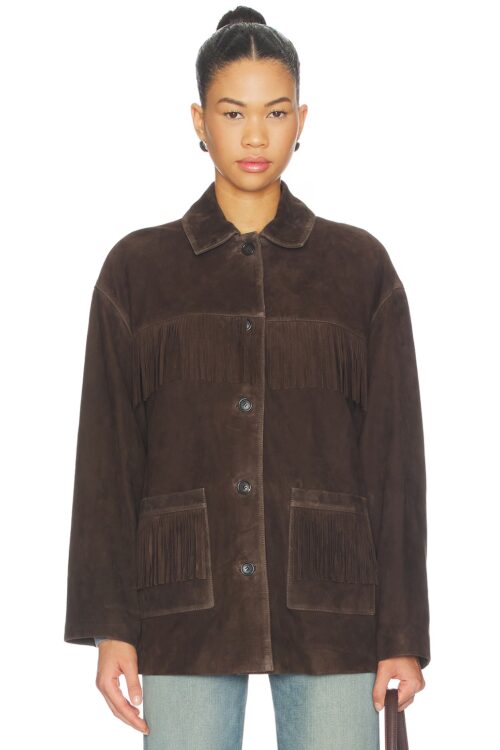 Cropped front view of a dark brown suede jacket fully buttoned to the collar, displaying dark tonal buttons, horizontal chest fringe, and two fringed patch pockets.