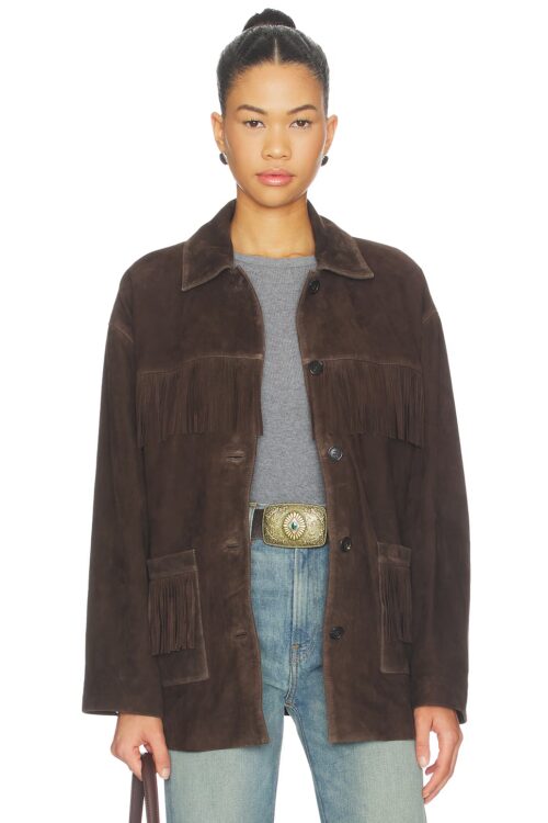 Cropped waist-up front studio view of a dark brown goat suede jacket worn unbuttoned over a grey top, featuring horizontal fringe trim across the chest and fringed front patch pockets.