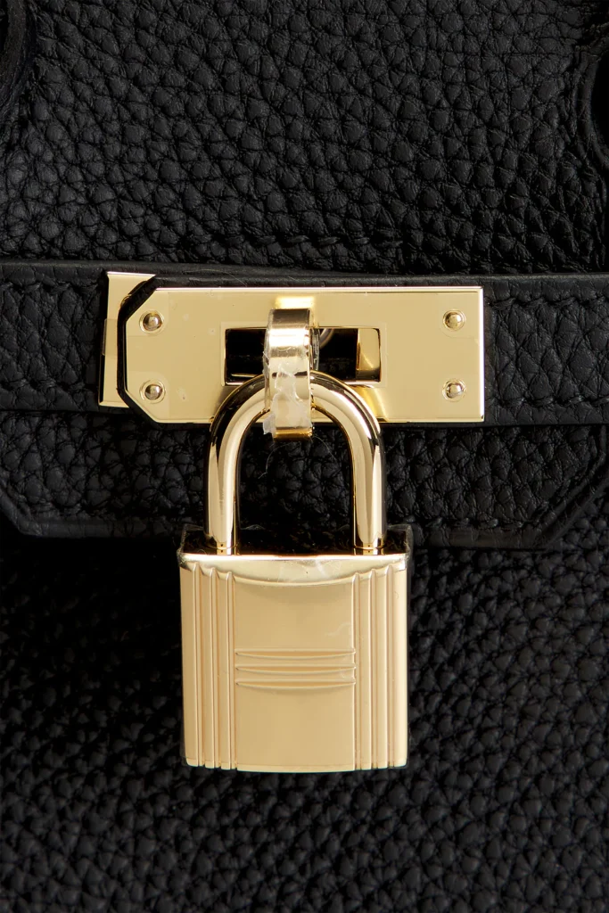 Close-up shot of a polished gold padlock engraved with horizontal lines, secured to the central closure plate of a black textured leather bag.