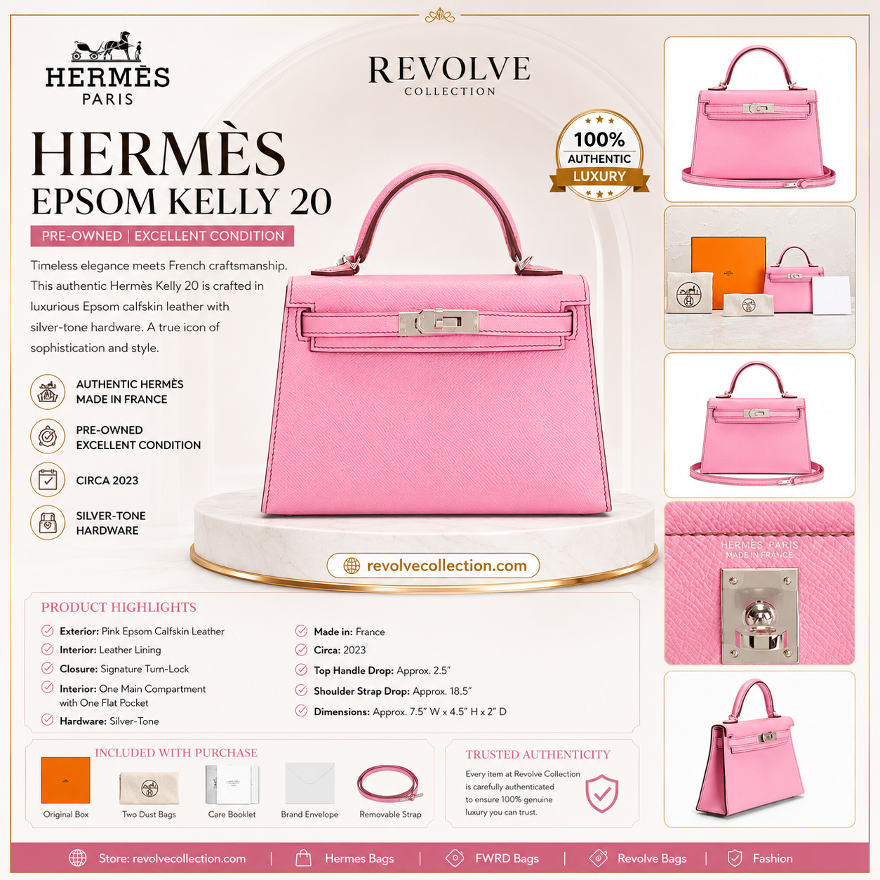Authentic Hermès Epsom Kelly 20 pre-owned pink handbag in Epsom calfskin leather with silver-tone hardware, product highlights, accessories, and detailed infographic by Revolve Collection.