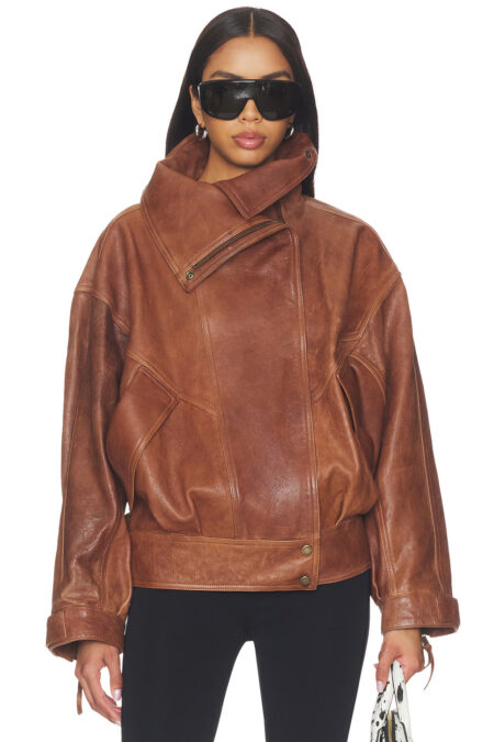 Front view of the High Collar Lambskin Blouson in Maroon featuring premium lambskin leather, an oversized high collar, hidden zip closure, and a relaxed silhouette.