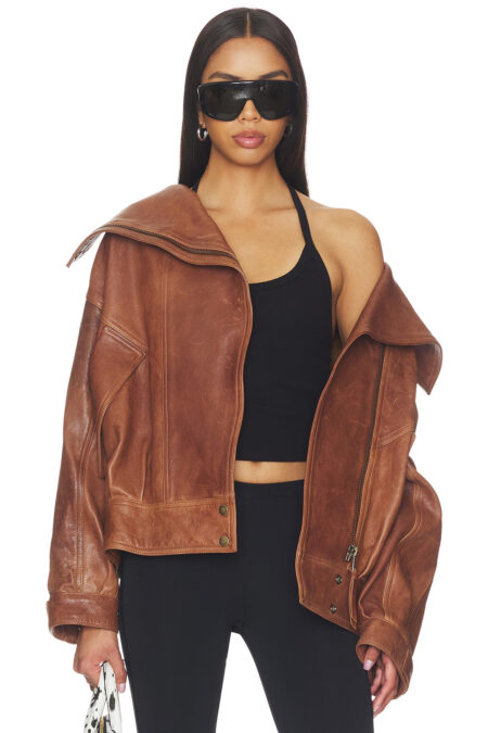 Open front view of the High Collar Lambskin Blouson in Maroon showcasing premium lambskin leather, oversized collar, concealed zipper, and modern relaxed fit.