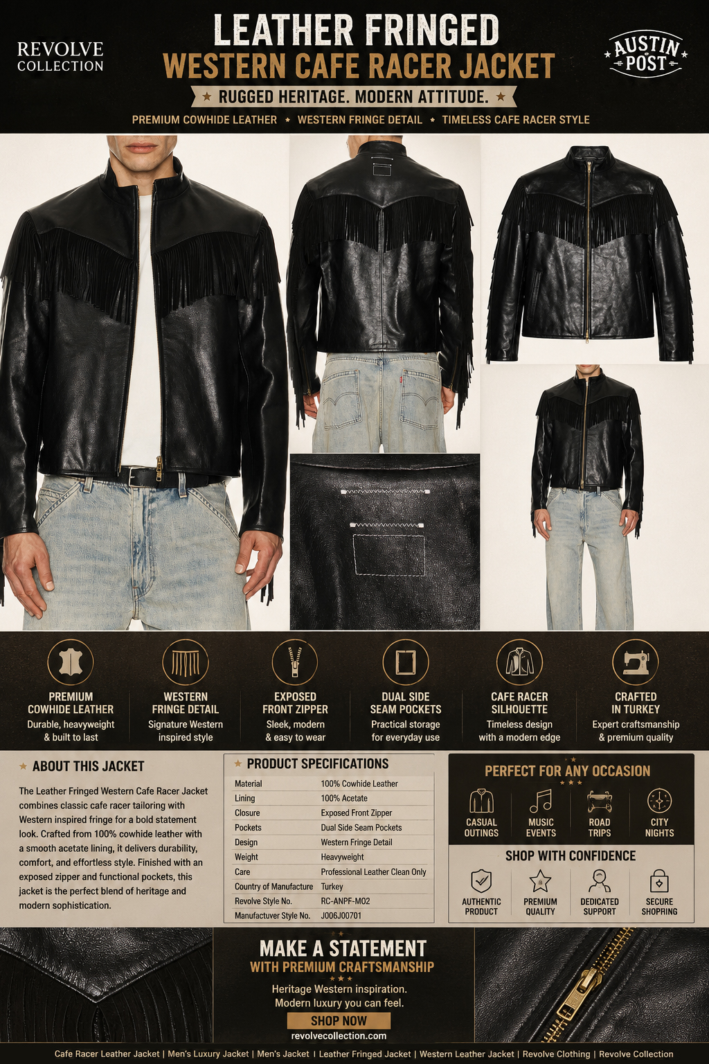 Premium black leather cafe racer jacket with Western fringe detailing displayed in a product infographic featuring front, back, full-length, flat-lay, and close-up views highlighting genuine cowhide leather craftsmanship.
