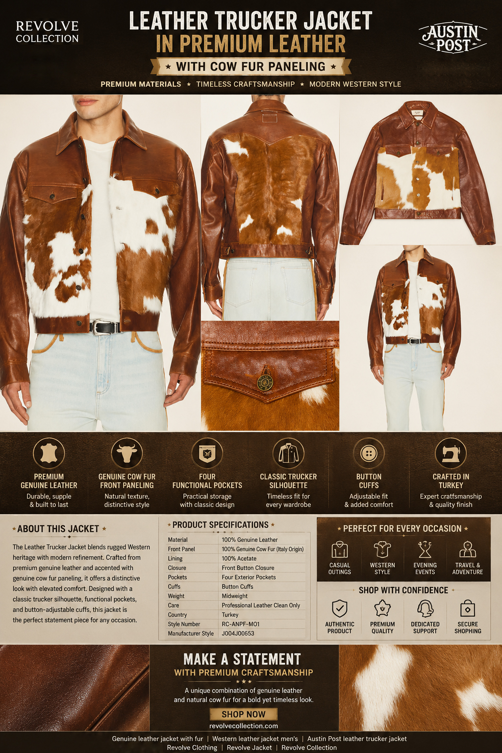 Premium leather trucker jacket featuring genuine cow fur front paneling with front, back, full outfit, flat lay, and detail views displayed in a luxury product infographic highlighting craftsmanship, premium materials, functional pockets, and timeless western-inspired styling.
