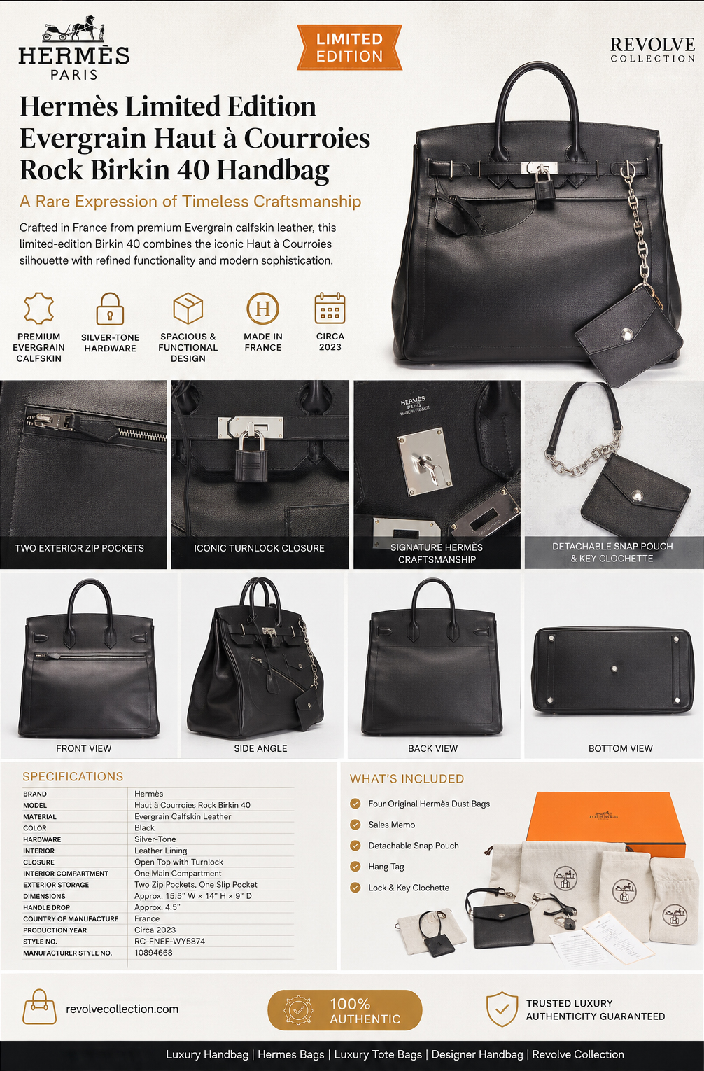 Limited-edition black Evergrain calfskin leather luxury handbag featuring silver-tone hardware, exterior zip pockets, detachable snap pouch, and premium craftsmanship details.