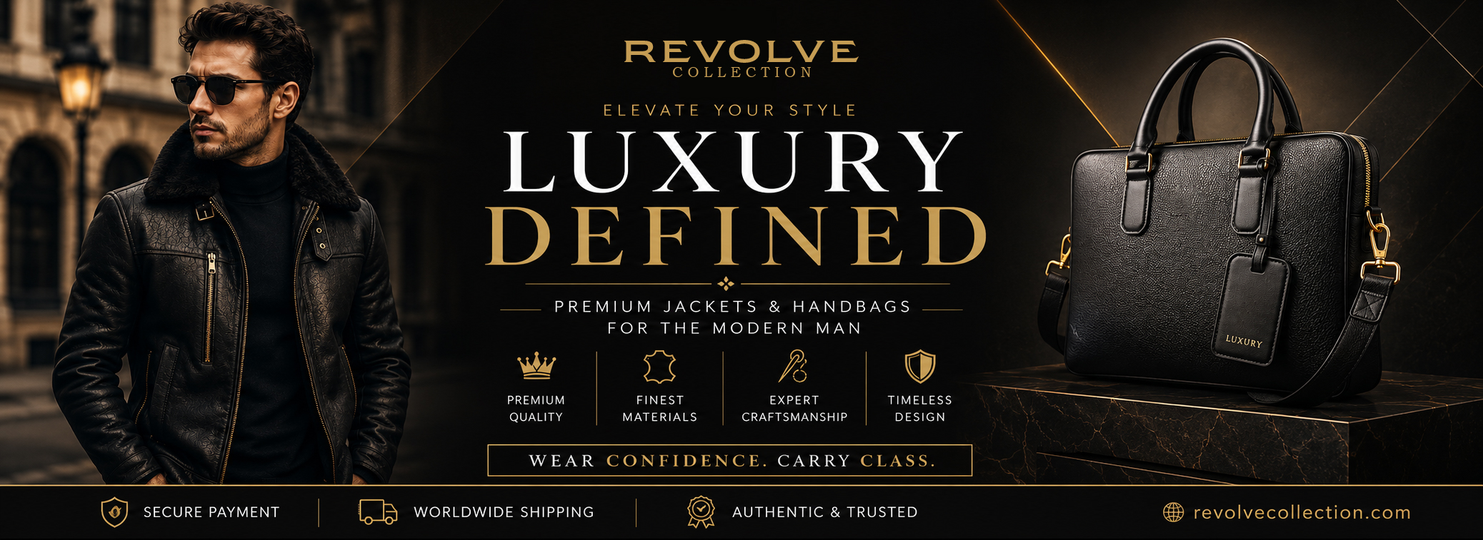 Luxury Men's Leather Jackets & Designer Handbags | Revolve Collection Luxury men's black leather jacket with premium designer leather handbag promotional banner by Revolve Collection featuring authentic luxury fashion and worldwide shipping.
