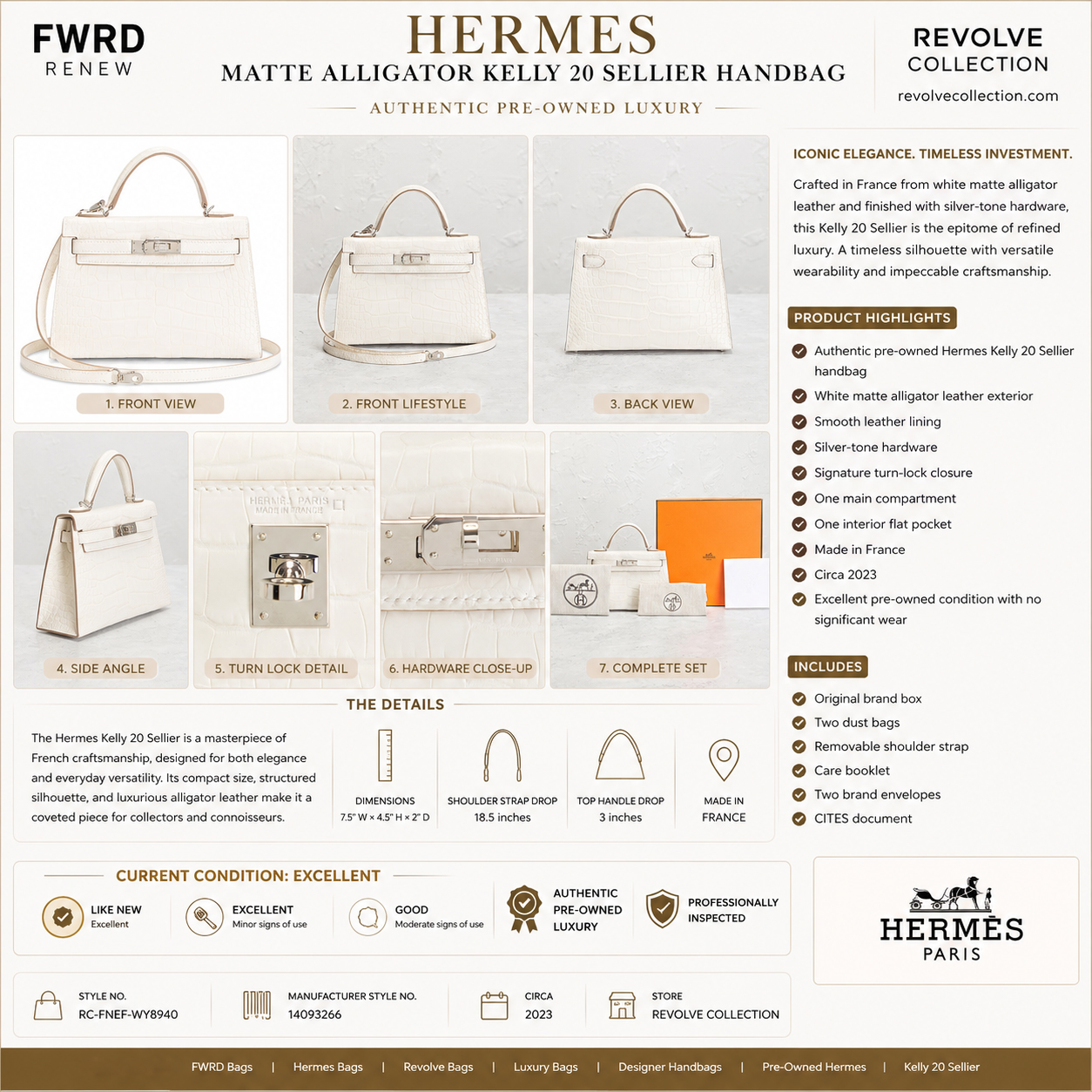 Luxury infographic featuring a white matte alligator Kelly 20 Sellier pre-owned handbag with front, back, side, hardware, lock detail, accessories, dimensions, condition, and product specifications.
