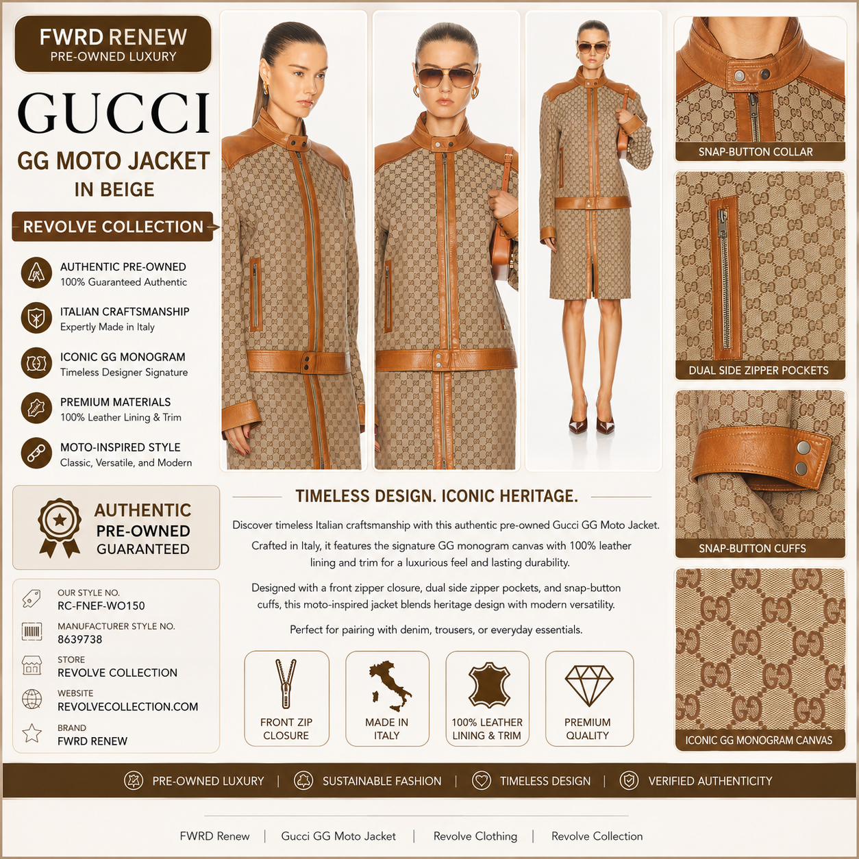 Luxury infographic featuring an authentic pre-owned beige GG monogram moto jacket with leather trim, front, side, back and detail views, showcasing premium craftsmanship, Italian-made construction, zipper closure, and signature canvas design available at Revolve Collection.