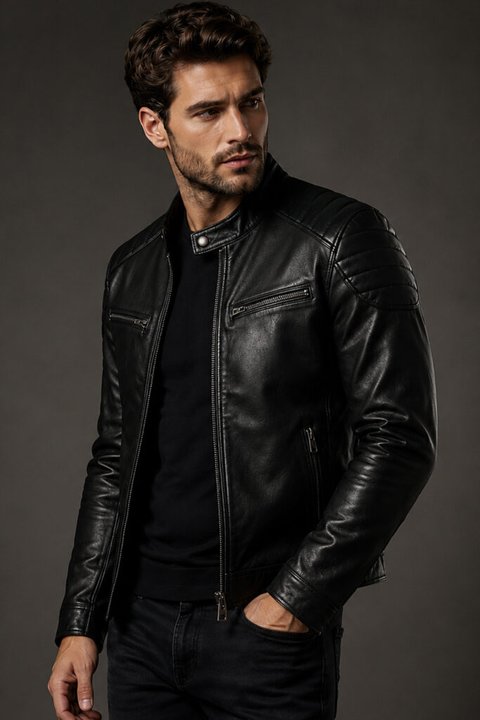 Premium Black Men's Leather Jacket on Professional Fashion Model Stylish male model wearing a premium black genuine leather jacket in a professional studio with dramatic lighting, showcasing a modern biker-inspired fashion look.