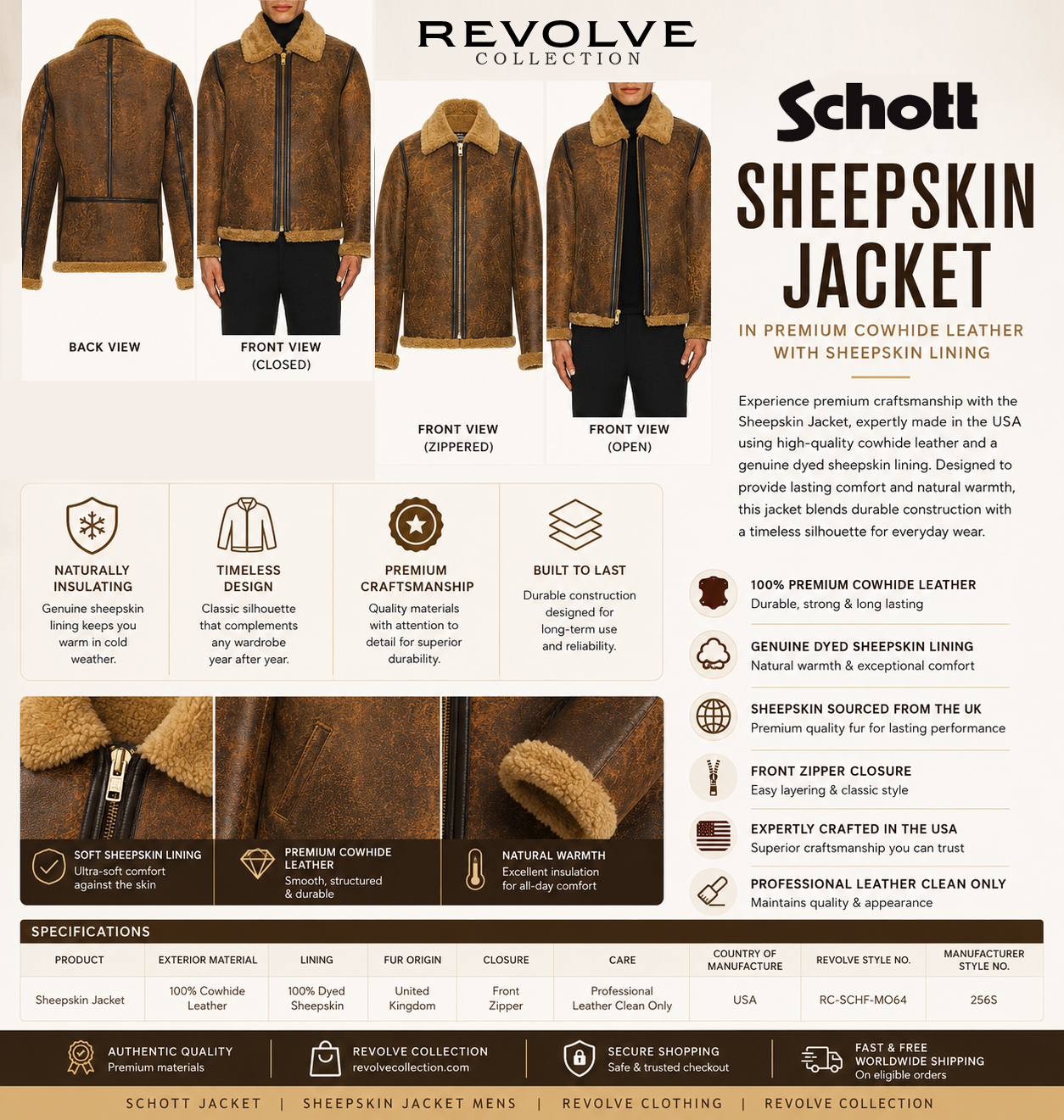 Premium cowhide leather sheepskin-lined jacket collage showing front, back, zipped, and open views with key craftsmanship, material, and insulation features.