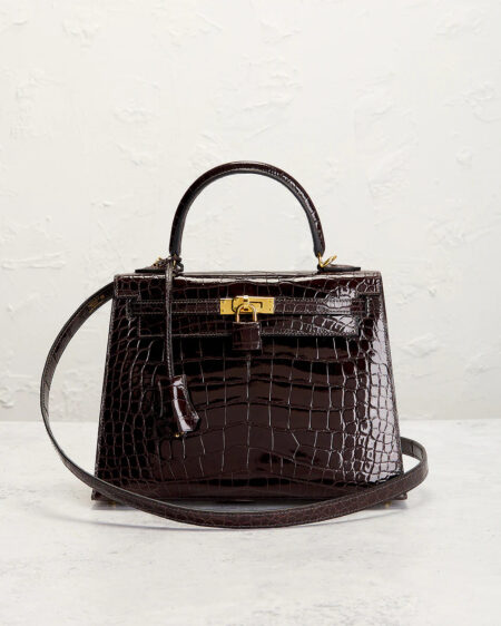 Front display of a glossy dark brown alligator leather structured handbag on a textured neutral backdrop highlighting the gold-tone closure, top handle, detachable strap, and premium leather finish.