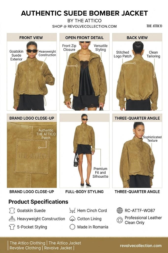 THE ATTICO Suede Bomber Jacket from Revolve Collection, featuring 6 panels: front view with utility pockets, open front with zipper, back view with stitched logo patch, close-up of debossed THE ATTICO authentic patch on goatskin suede, full-body styling with black minidress and pumps, and three-quarter angle showcasing texture. Includes product specifications: Goatskin Suede, Heavyweight Construction, 5-Pocket Styling, Hem Cinch Cord, Cotton Lining, Made in Romania, Professional Leather Clean Only.