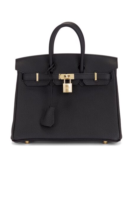Front view of a structured black pebbled calfskin leather handbag featuring twin top handles, a secure horizontal strap closure, and a polished gold-tone padlock hanging from the center against a clean white backdrop.