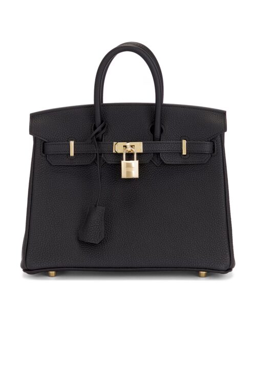 Front view of a structured black pebbled calfskin leather handbag featuring twin top handles, a secure horizontal strap closure, and a polished gold-tone padlock hanging from the center against a clean white backdrop.