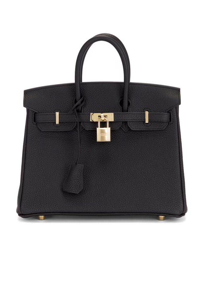 Front view of a structured black pebbled calfskin leather handbag featuring twin top handles, a secure horizontal strap closure, and a polished gold-tone padlock hanging from the center against a clean white backdrop.