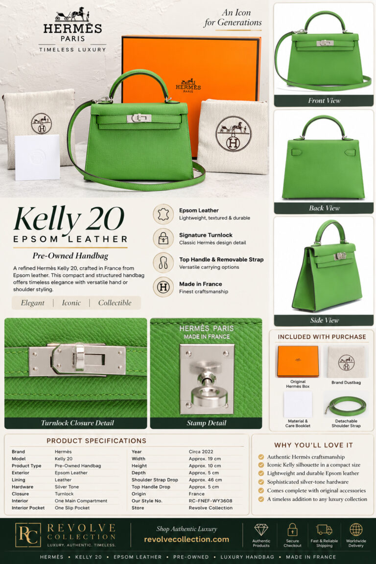 Green Epsom leather Kelly 20 pre-owned handbag displayed with front, back, side, hardware details, detachable shoulder strap, and complete accessory set in a luxury product collage.