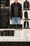 Men's NYC cafe racer cowhide leather jacket infographic showing front, back, open front, and detail views with heavyweight genuine leather construction, zip pockets, stand collar, and premium craftsmanship.