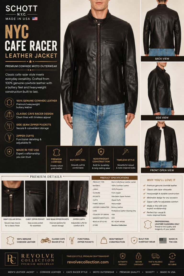 Men's NYC cafe racer cowhide leather jacket infographic showing front, back, open front, and detail views with heavyweight genuine leather construction, zip pockets, stand collar, and premium craftsmanship.
