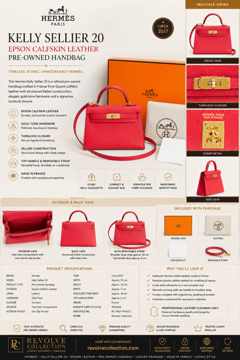 Luxury pre-owned red calfskin leather structured handbag with gold-tone hardware, removable shoulder strap, close-up details, accessories, and product specifications displayed in a premium product showcase.