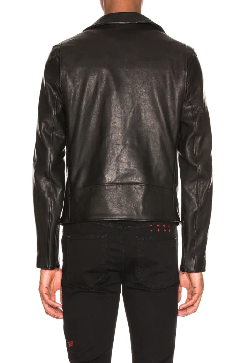 Rear view of a man wearing a black lambskin leather jacket, displaying the bi-swing back shoulder gussets, clean waistband seam, and zip-closure sleeve cuffs.
